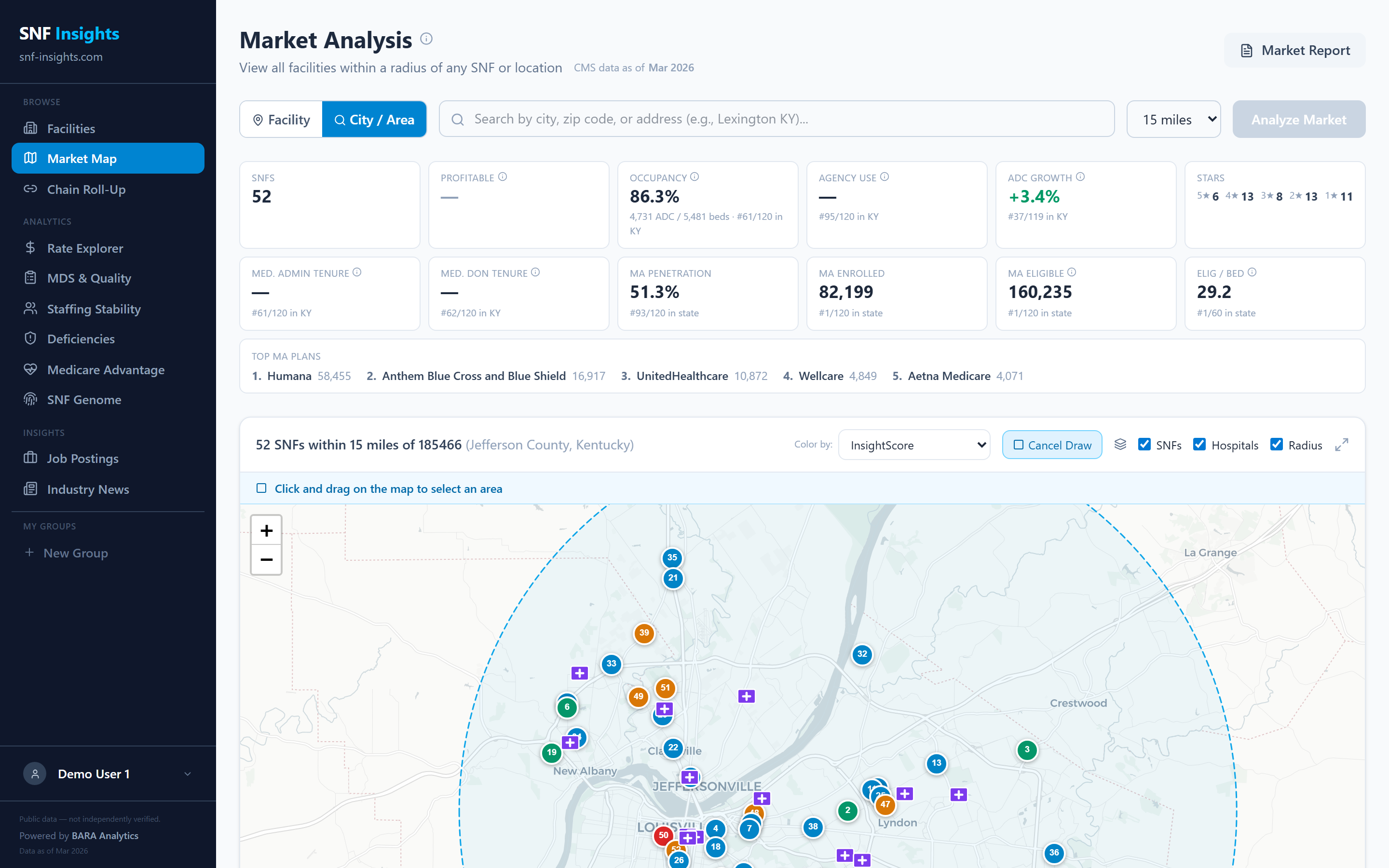 SNF Insights market analysis: a facility map with quality, occupancy, census, and payer data for a selected market